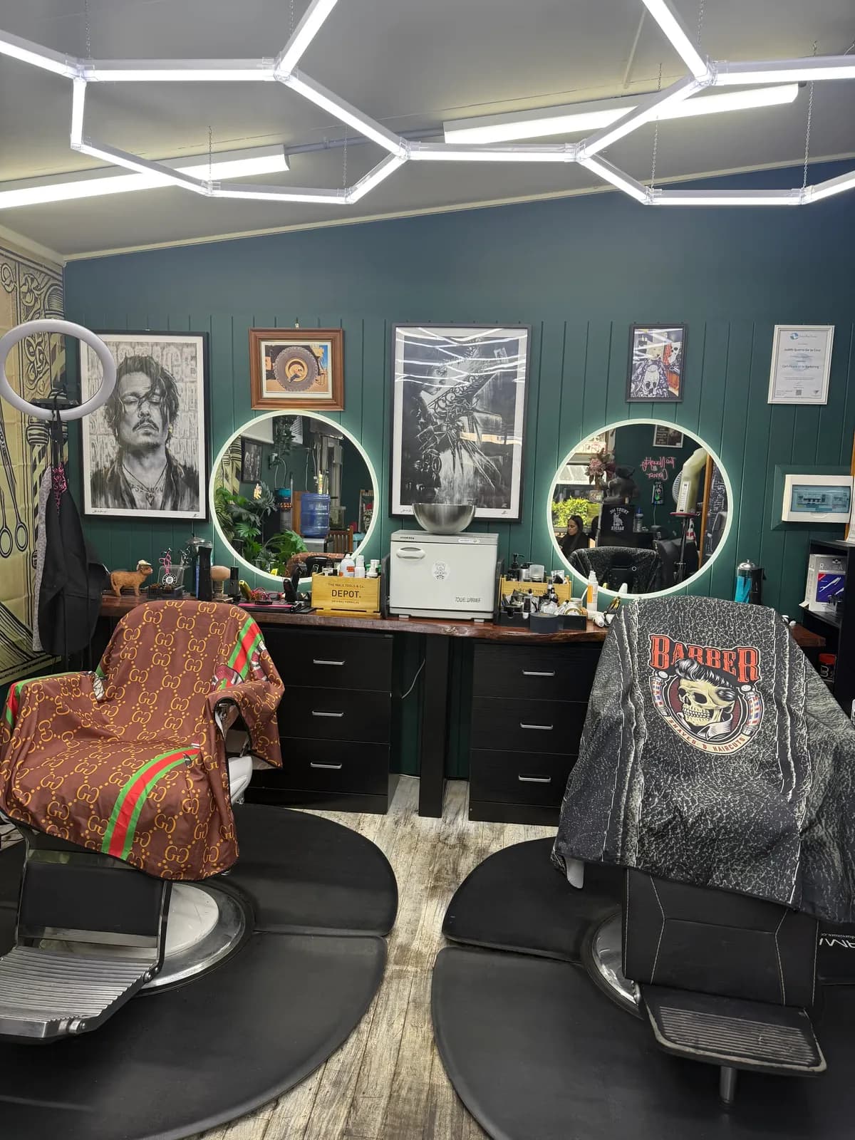 Interior of Bear Cave Barbershop showing the barber chairs and styling stations