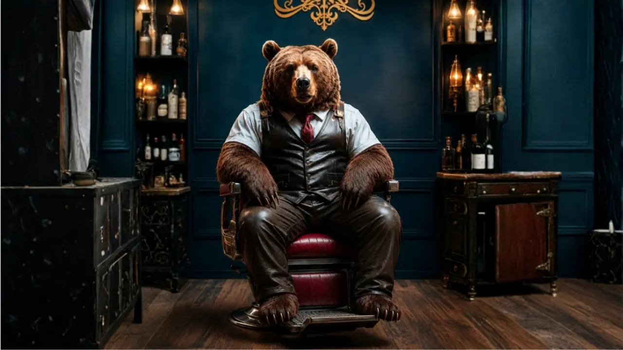 Illustrated Bear Cave Barbershop mascot bear in a waistcoat, sitting in a barber chair